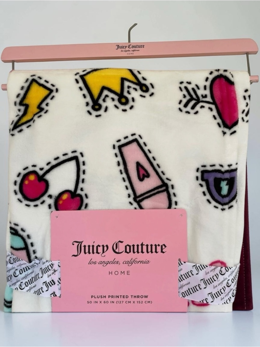 Juicy Couture Plush Throw Blanket 50x60 Rainbow Hearts Crowns NWT